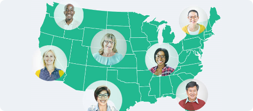 Map of America with profile photos of users in different states